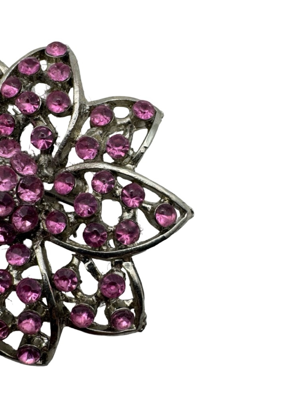 Vintage Pink Rhinestone Flower Brooch Silver Tone Floral Pin 1.75” - Picture 3 of 8